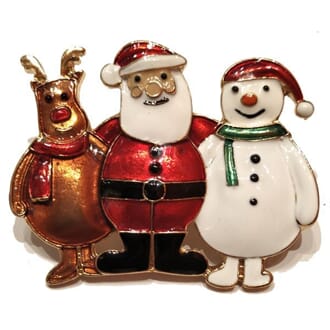 Brosje med reinsdyr, nisse og snømann motiv