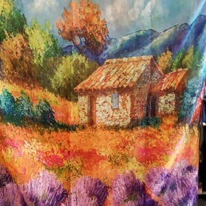 Sjal med kunstmotiv i viskose/bomull