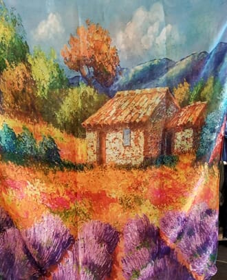 Sjal med kunstmotiv i viskose/bomull